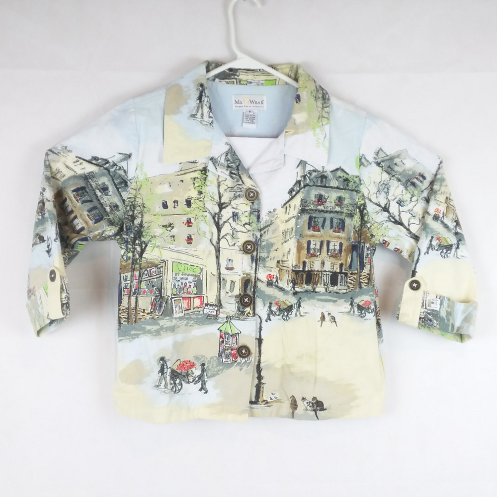 Button Front Graphic Jacket Old Time City Town